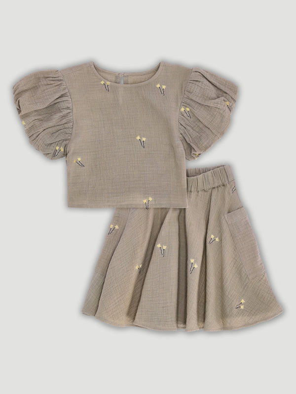Girls Muslin Embroidered Top & Skirt Set