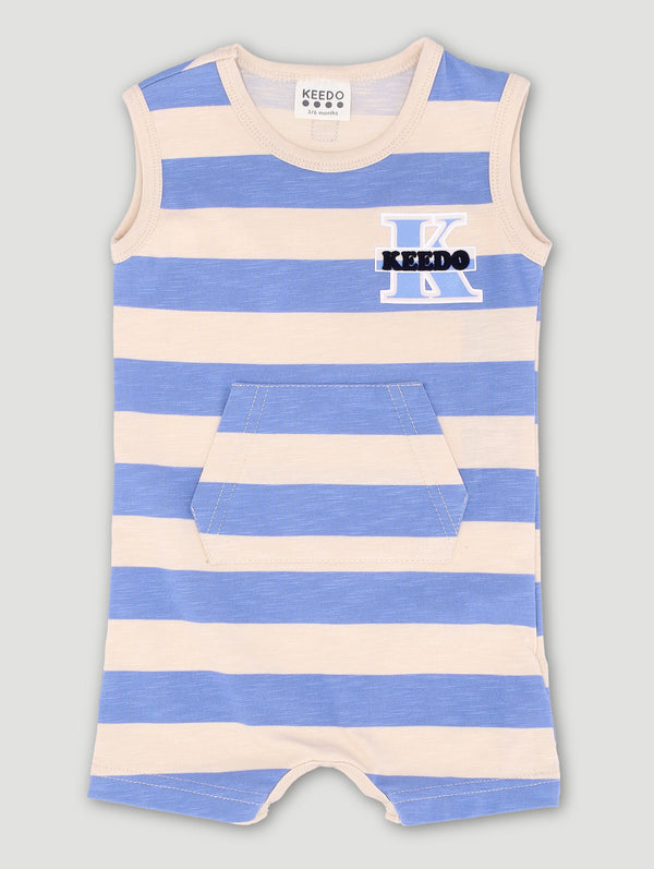 Baby Boys Embroidered Blue Stripe Logo Romper