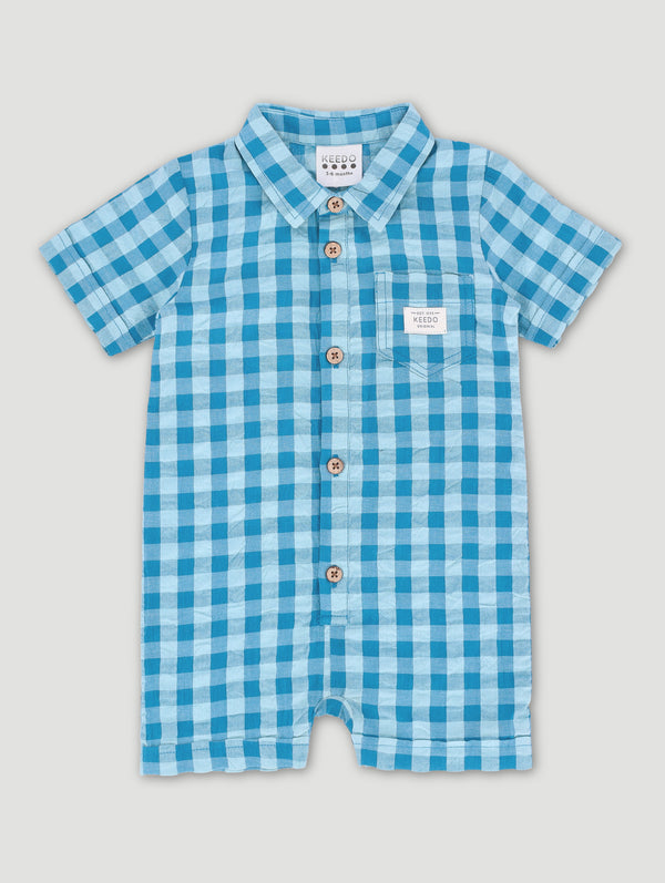 Baby Boys Printed Gingham Button Up Romper
