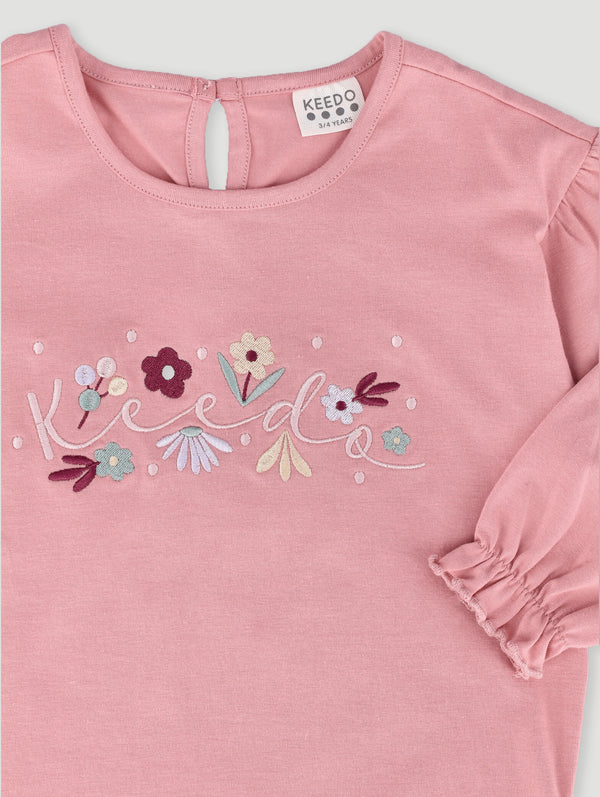 Girls Pink Floral Long Sleeve Cotton Lycra Tee