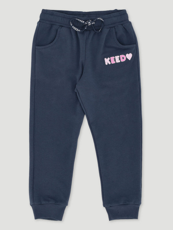 Girls Navy Heart Logo Embroidered Fleece Jogger