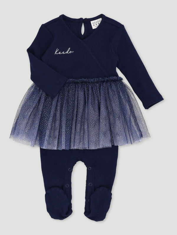 Baby Girls Premium Ribbed Cotton Lycra Babygrow With Ombre & Silver Tuille