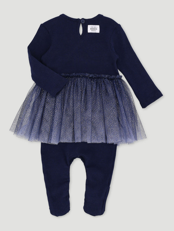 Baby Girls Premium Ribbed Cotton Lycra Babygrow With Ombre & Silver Tuille