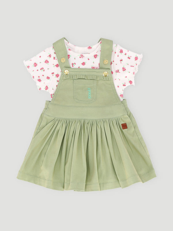 Baby Girls Denim Pinni With Printed Tee - Sage
