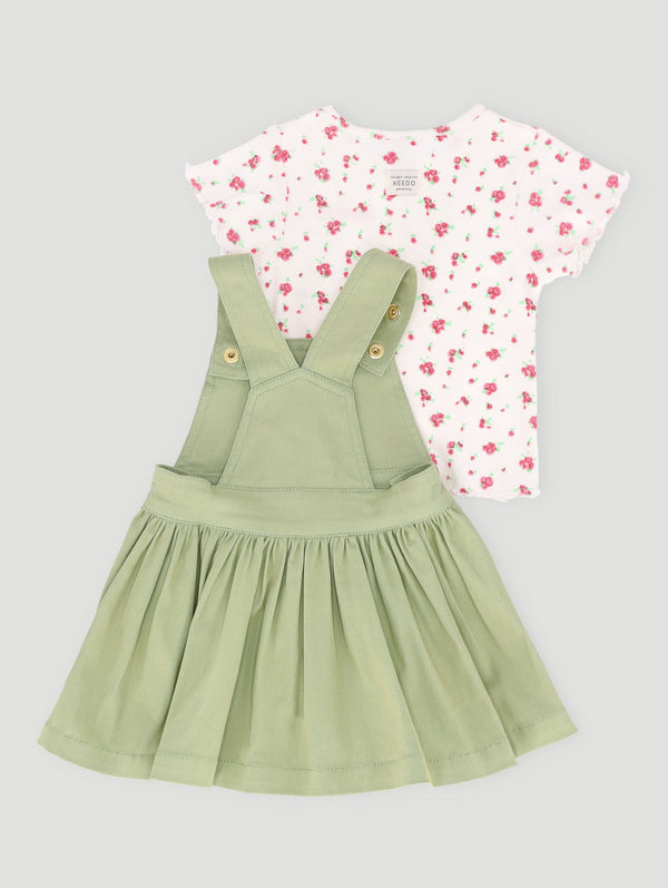 Baby Girls Denim Pinni With Printed Tee - Sage