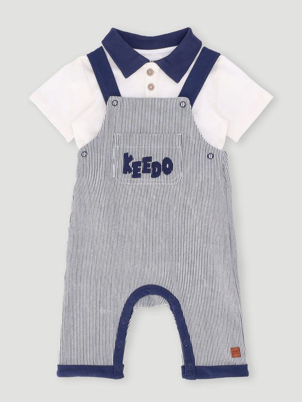 Baby Boys Striped Golfer Dungaree Set - Navy