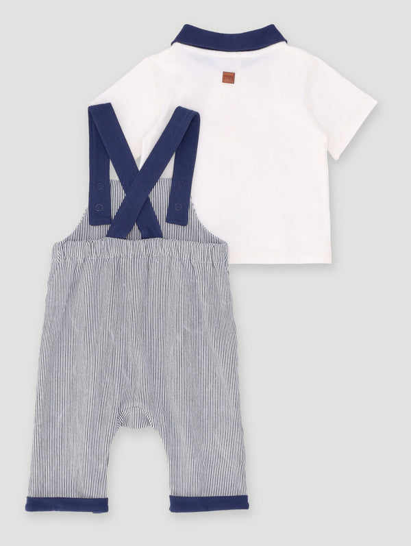 Baby Boys Striped Golfer Dungaree Set - Navy