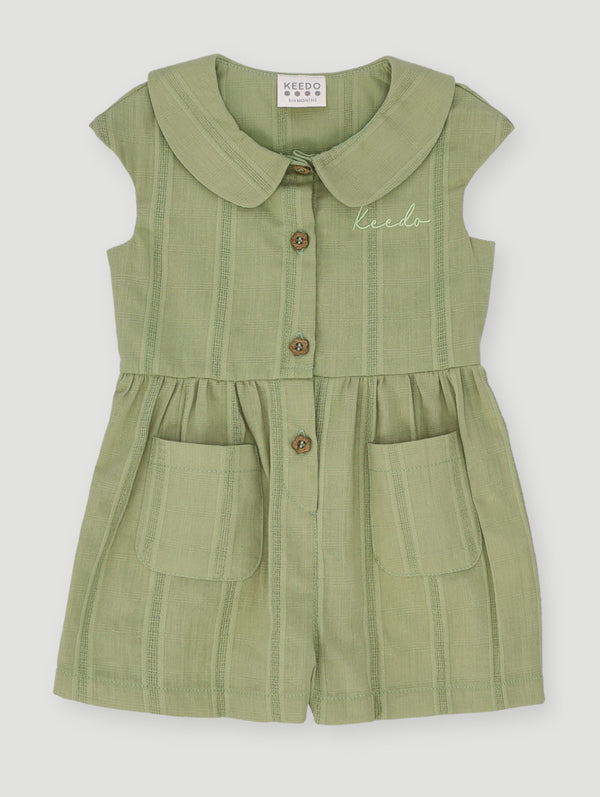 Baby Girls Embroidered Gingham Romper - Sage