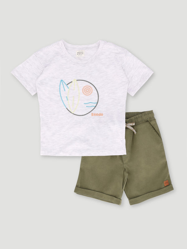 Boys Surfer Embroidered Set - Grey Melange