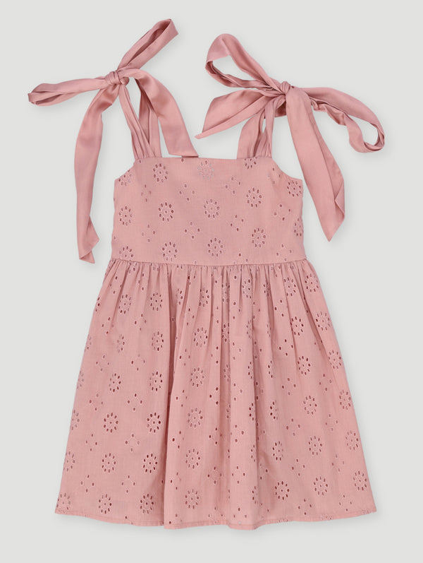 Girls Premium Anglaise Chiffon Bow Dress - Pink