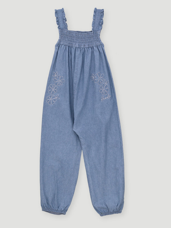 Girls Embroidered Denim Jumpsuit - Denim